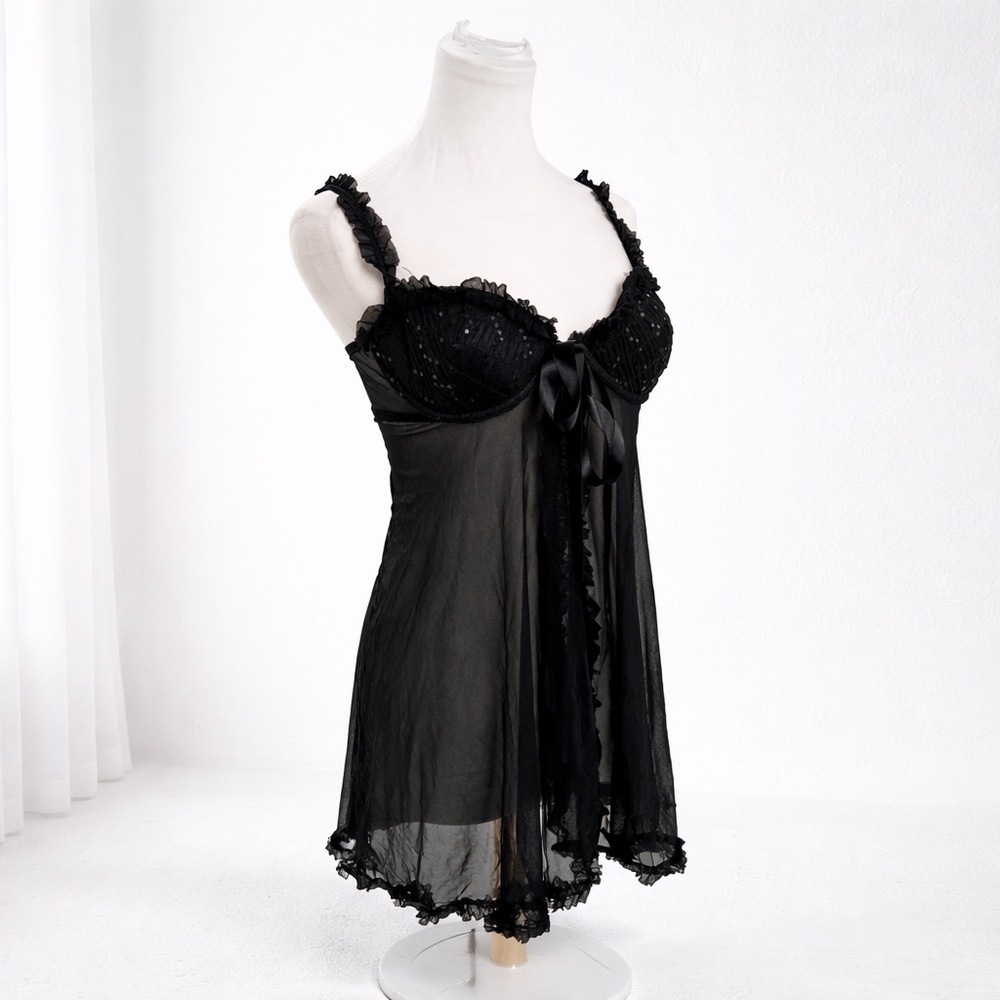 Victoria Secret  Black Sheer Babydoll Lace Lingerie Slip Dress Coquette 36C